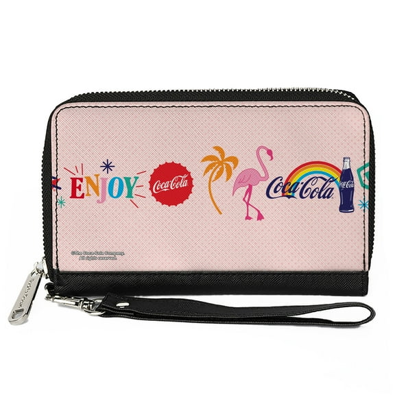 Coca-Cola Wallet, Zip Around, Coca Cola Enjoy Vibrant Icons Collage Pinks Multi Color, Vegan Leather