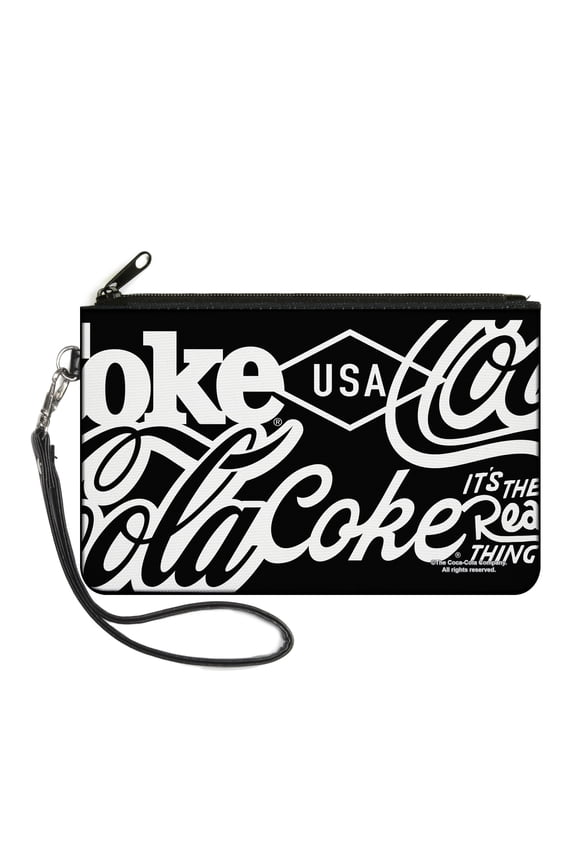 Coca-Cola Wallet, Zip Clutch, Coca Cola Coke Typography Its The Real Thing Black White, Canvas