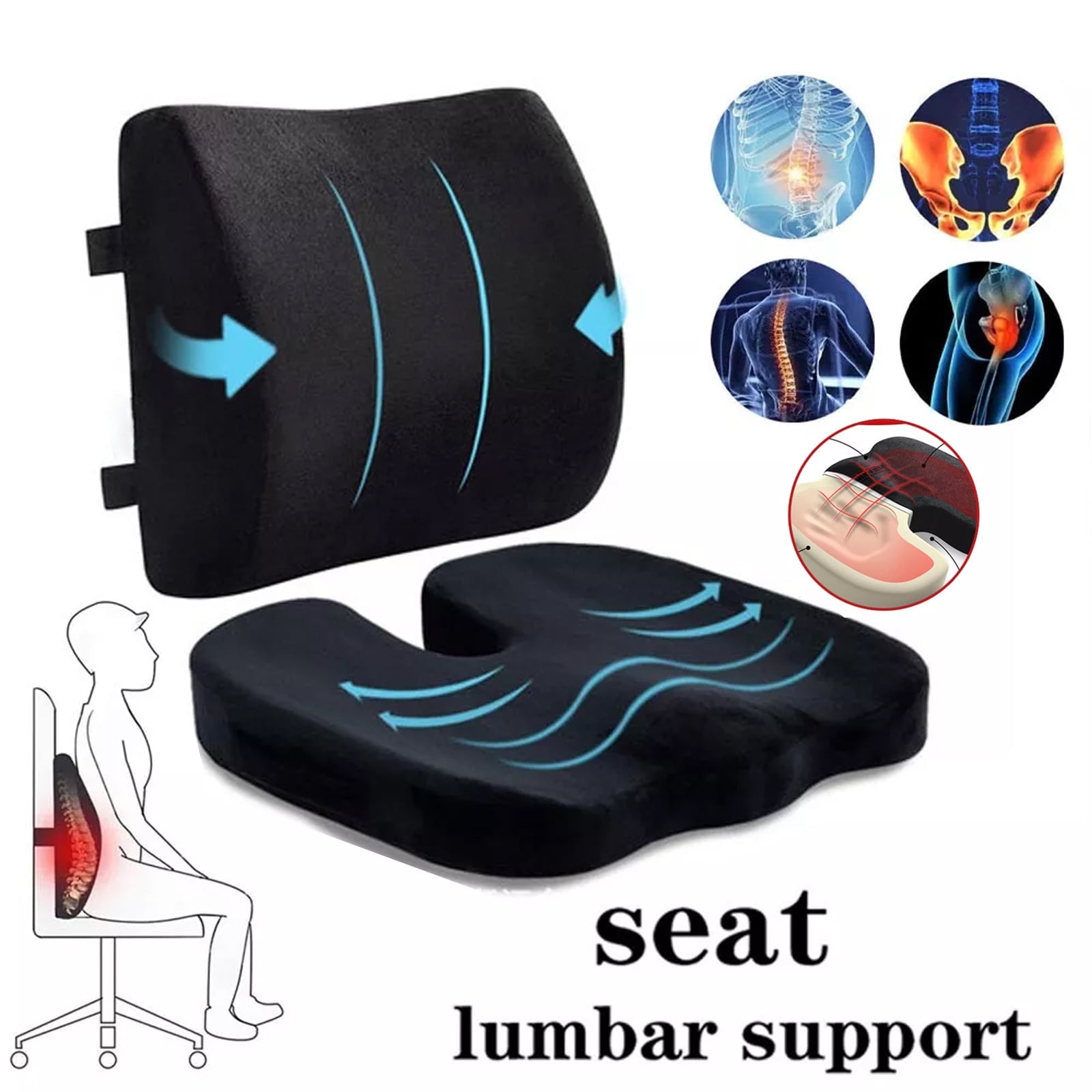 Memory Foam Seat Cushion Lumbar Support Relief for Back Sciatica Tailbone Office Chair Car Wheelchair Black Walmart
