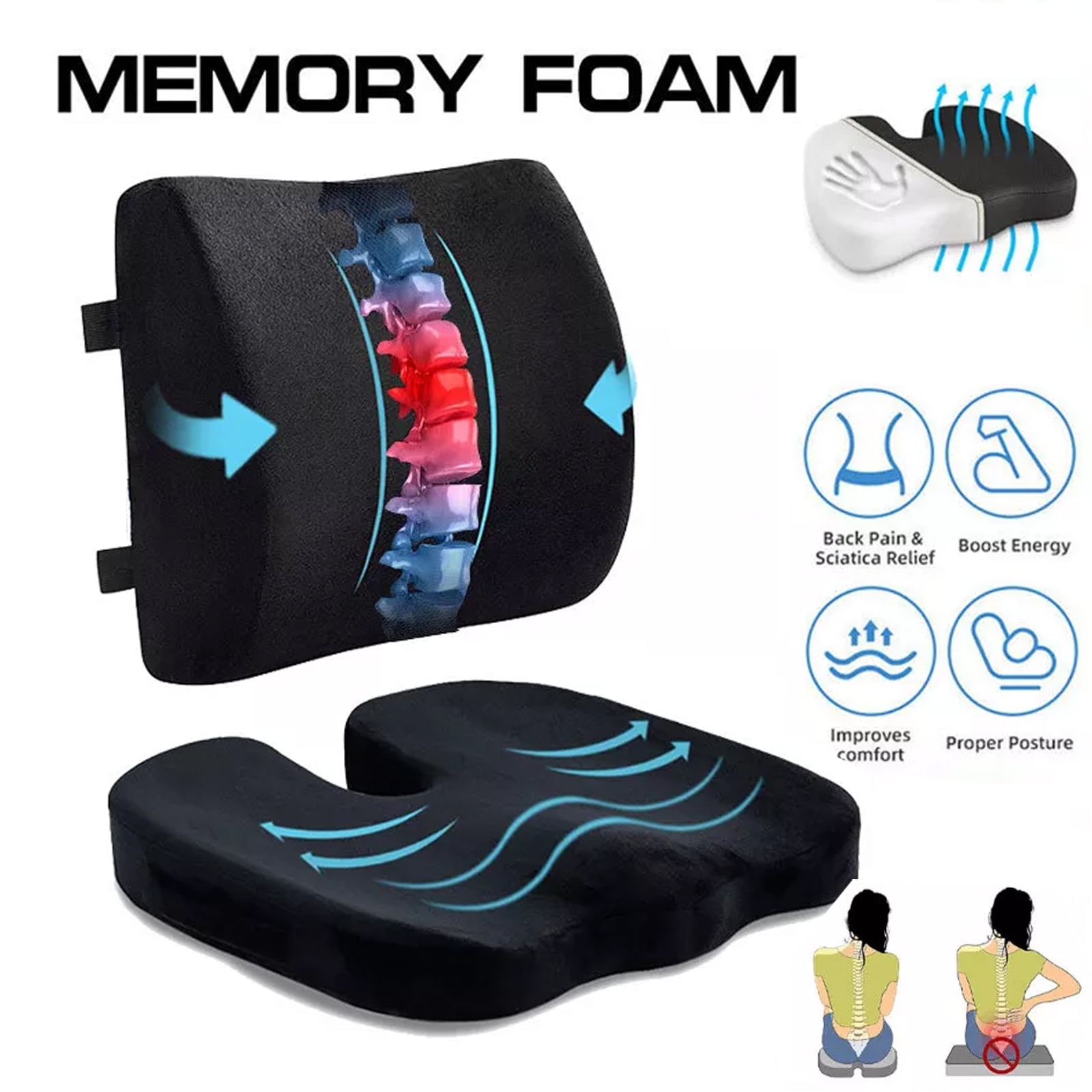 Memory Foam Seat Cushion & Lumbar Support Relief for Back, Sciatica