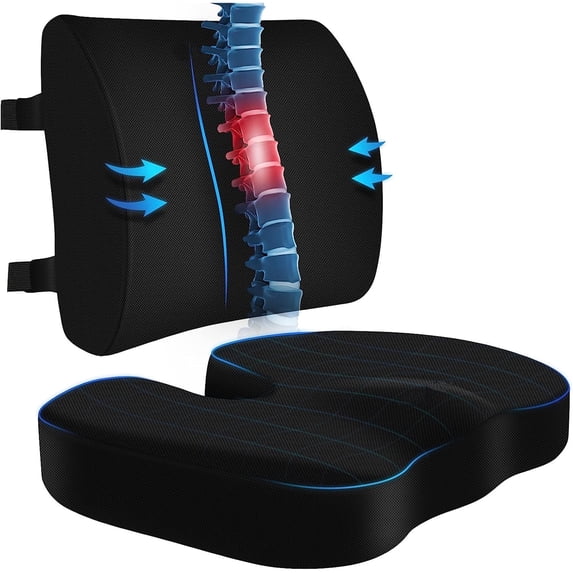Coccyx Seat Cushion & Lumbar Support Pillow, Memory Foam Car Seat Cushion for Office Desk Chair Wheelchair, Help Relieve Pain of Back, Lumbar, Tailbone and Sciatic Nerve, with Washable Cover, Black