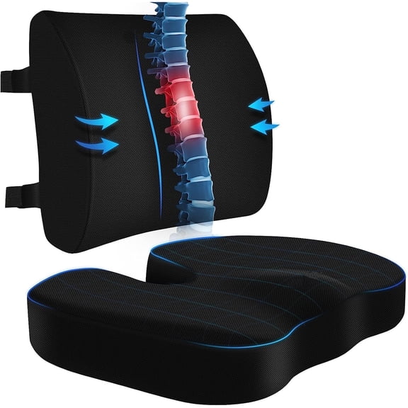 Coccyx Seat Cushion & Lumbar Support Pillow, Memory Foam Car Seat Cushion for Office Desk Chair Wheelchair, Help Relieve Pain of Back, Lumbar, Tailbone and Sciatic Nerve, with Washable Cover, Black
