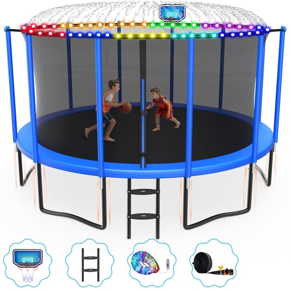 Cochan 15FT Trampoline with Enclosure for Adults and Kids, Outdoor Heavy Duty Trampoline with Water Sprinkler and Lights, Kids Trampoline with Basketball Hoop, Birthday Gift, 1500LBS Weight Capacity