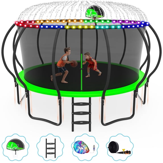 Cochan Outdoor Trampoline 16 FT with Sprinkler and Lights, Backyard Recreational Pumpkin Trampoline for Kids