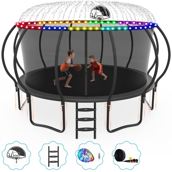 Cochan Outdoor Trampoline 16 FT with Sprinkler and Lights, Backyard Recreational Pumpkin Trampoline for Kids