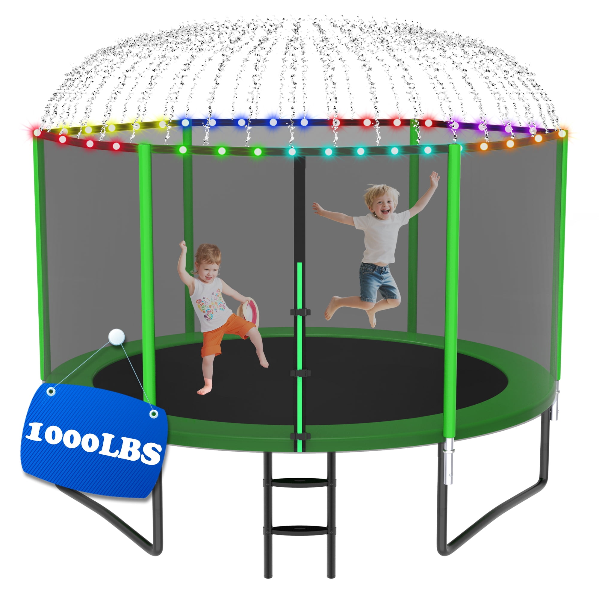 Cochan Trampoline, 10FT Trampoline for Kids and Adults with Enclosure Net, Heavy Duty Outdoor Trampoline with Lights and Sprinkler, 1000LBS Weight Capacity for 3-4 Kids, Easy Assembly