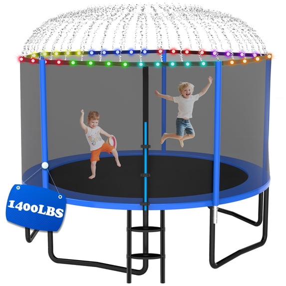 Cochan Trampoline, 14FT Trampoline for Kids and Adults with Enclosure Net, Heavy Duty Outdoor Trampoline with Lights and Sprinkler, 1400LBS Weight Capacity, Easy Assembly