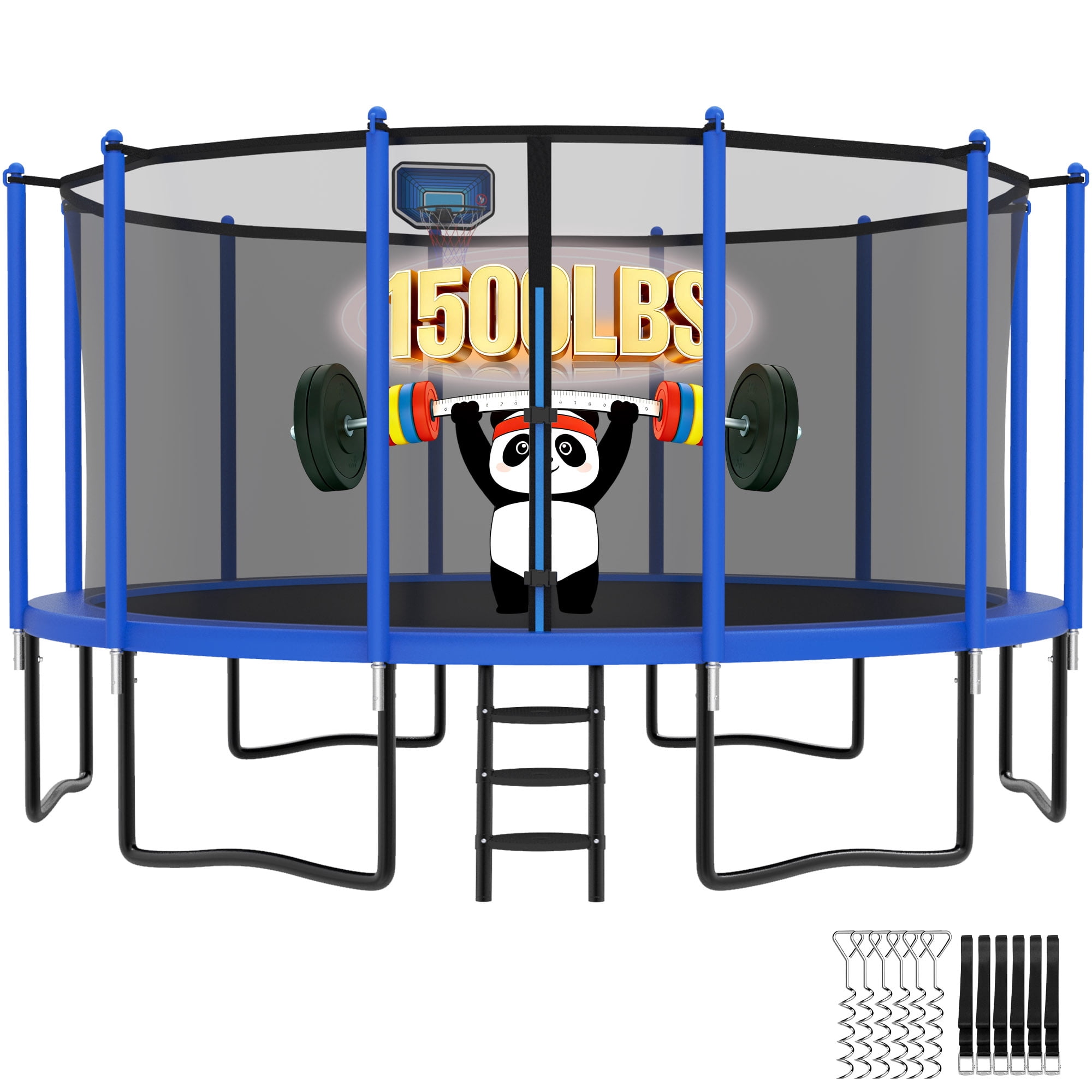 Cochan Trampoline with Enclosure for Kids and Adults, 14FT Trampoline with Basketball Hoop, Ladder, Silent Basketballs, Windproof Stake, Outdoor Heavy Duty Galvanized Trampoline, Easy Install