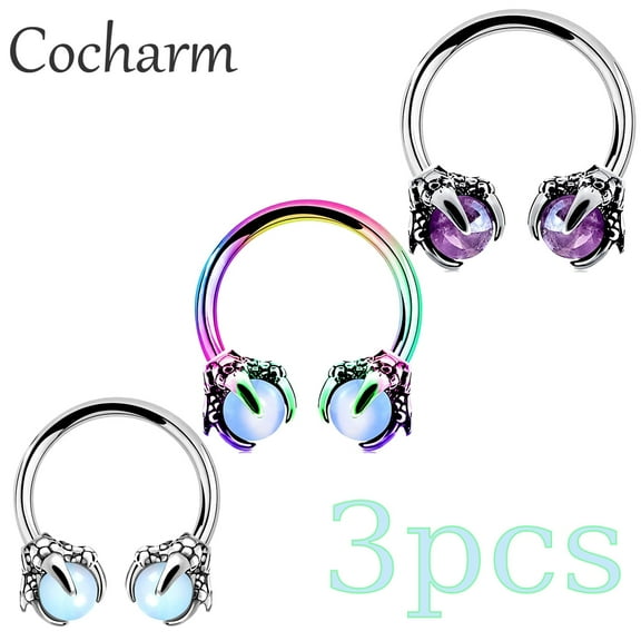 Cocharm 3PCS Cartilage Earrings Circular Barbell Horseshoe Claw Opal 16G Body Piercing Jewelry