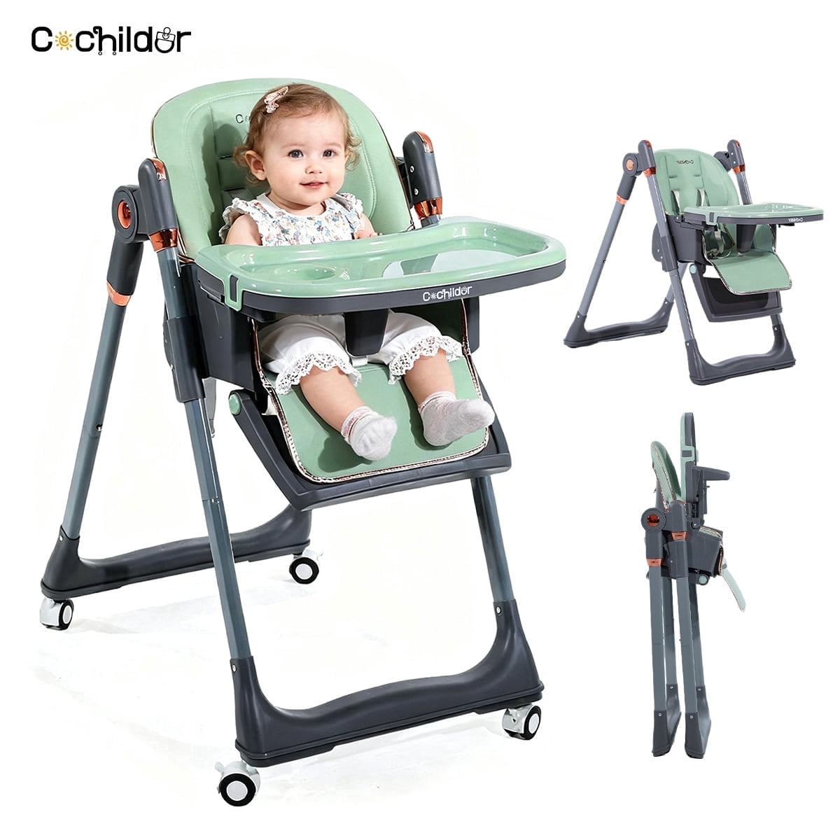 Cochildor Foldaway 3-in-1 High Chair for Babies & Toddlers, with 5 Point Harness, Tray, Foot Rest and Wheels, Green