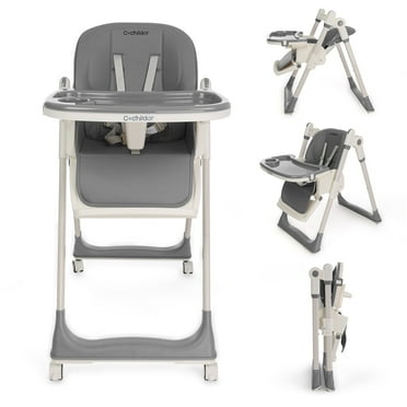 Cochildor 3 in 1 Foldable High Chair for Baby, Adjustable Heights Toddler High Chair with 5 Point Harness, Tray, Foot Rest and Wheels, Grey