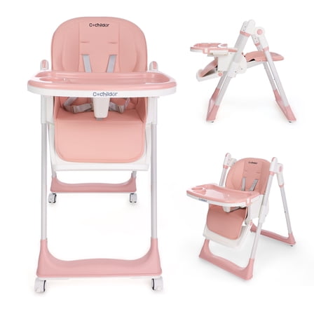 Clearance Cochildor Foldaway 3-in-1 High Chair for Babies & Toddlers, with 5 Point Harness, Tray, Foot Rest and Wheels, Pink