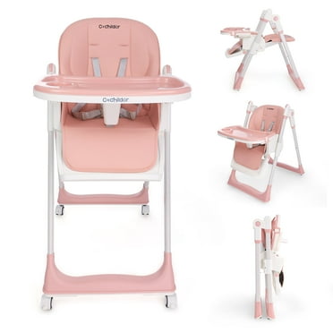 Cochildor 3 in 1 Foldable High Chair for Baby, Adjustable Heights Toddler High Chair with 5 Point Harness, Tray, Foot Rest and Wheels, Pink