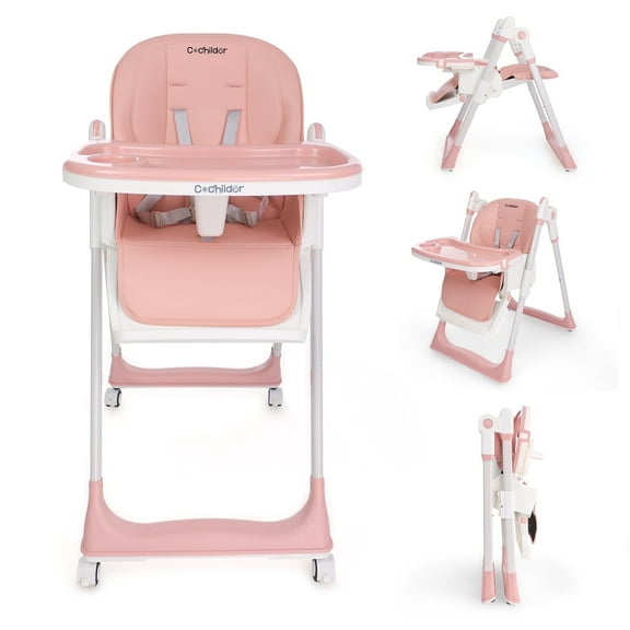 Clearance Cochildor Foldaway 3-in-1 High Chair for Babies & Toddlers, with 5 Point Harness, Tray, Foot Rest and Wheels, Pink