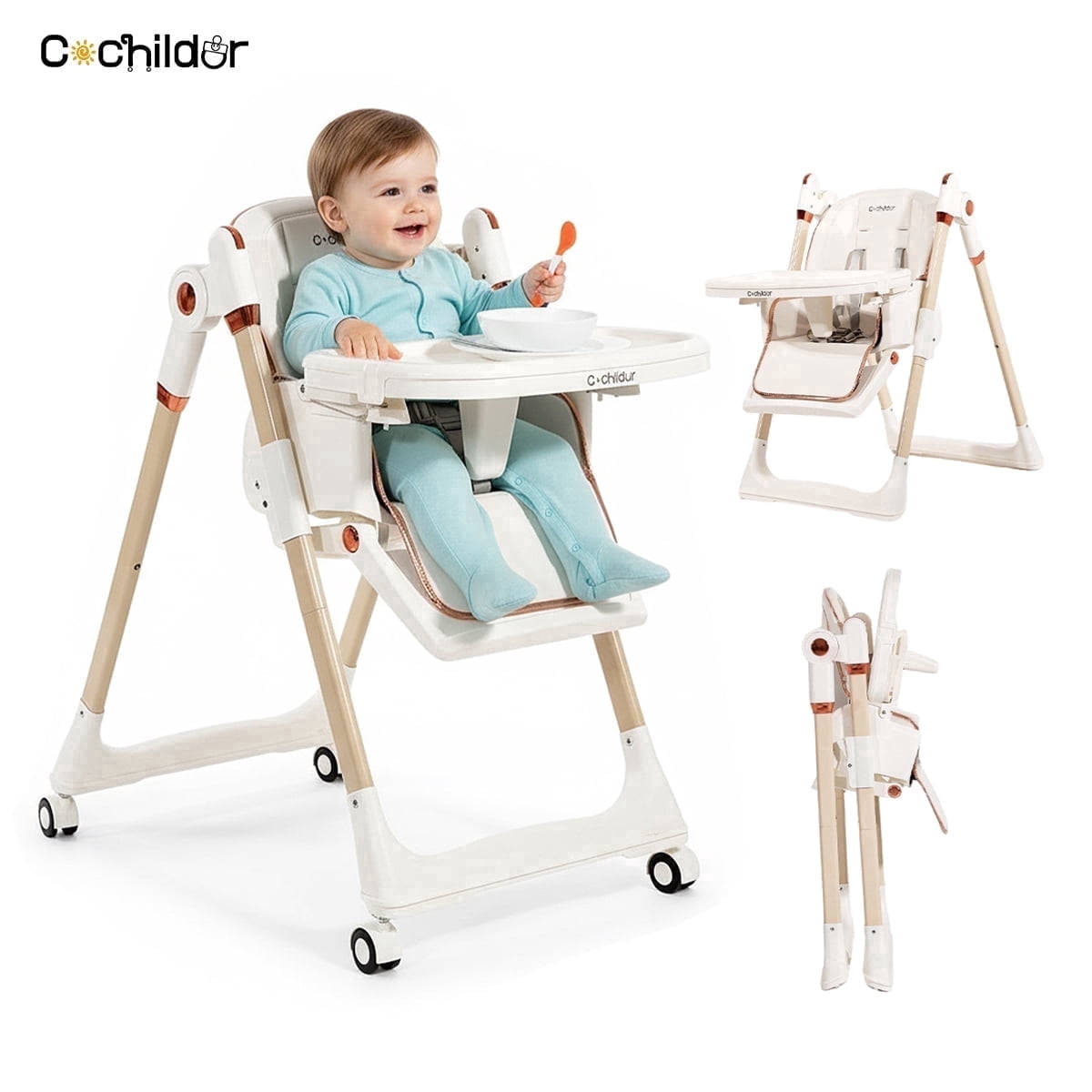 Clearance Cochildor Foldaway 3-in-1 High Chair for Babies & Toddlers, with 5 Point Harness, Tray, Foot Rest and Wheels, White