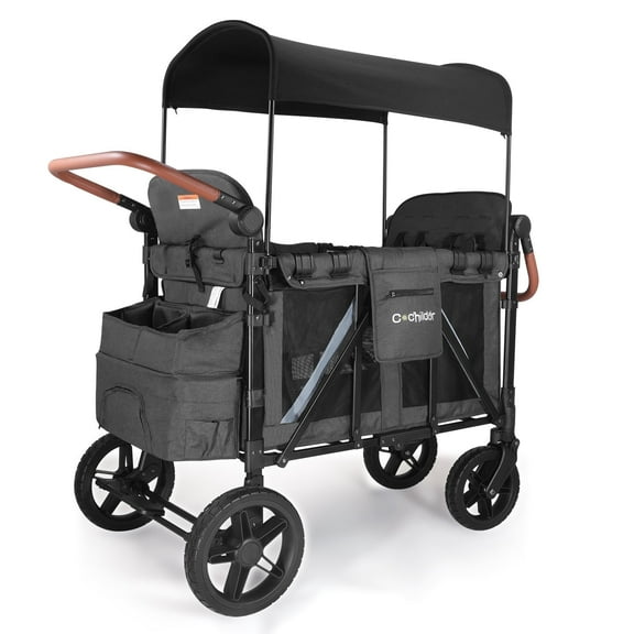 Cochildor Elite Pro Stroller Wagon, All-Terrain Heavy Duty 4-Seater Wagon Stroller with 300lb Capacity, 1-Hand Fold Design, High Seats with 5-Point Harness, Adjustable Canopy & Handlebars, Dark Grey