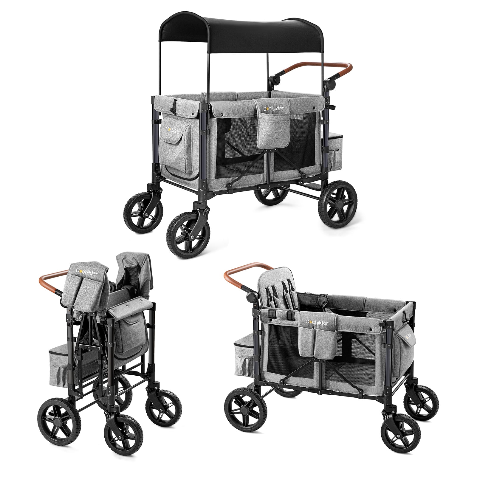 Cochildor Folding 4 Seater Stroller Wagon for Kids with 5 Point Harnesses Adjustable Handle Removable Canopy and Multiple Pockets Gray
