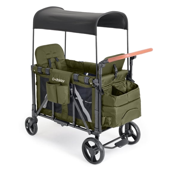 Cochildor Collapsible Wagon Stroller for 2 Kids, with Canopy, 5-Point Harness, Adjustable Handlebars, Removable Seat for Toddlers, Green