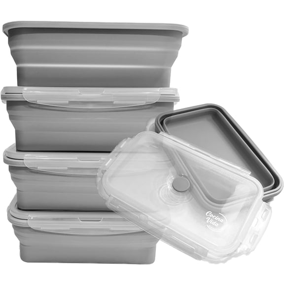Cocina Vida Collapsible Silicone Food Storage Containers with Airtight Lids | Kitchen Stackable Lunch Box Microwave Dishwasher Safe| Set of 4 Silicone Food Storage Containers