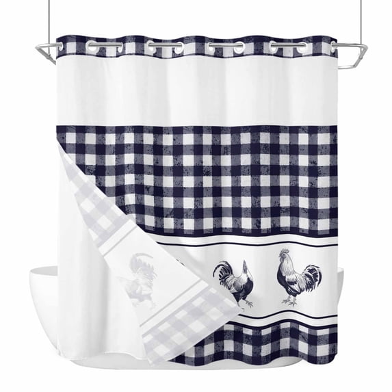 Cock No Hook Shower Curtain with Snap in Liner Vintage Farm Watercolor Cock Blue White Plaid Waterproof Bathroom Shower Curtain with See Through Top Window for Bathtub 72" x 72"