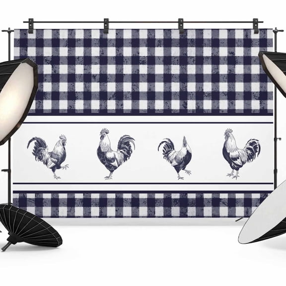 Cock Photography Backdrop 7x5FT, Vintage Farm Watercolor Cock Blue White Plaid Photo Backdrops, Background for Photography Studio Photo Studio Background, Back Drop for Photoshoot