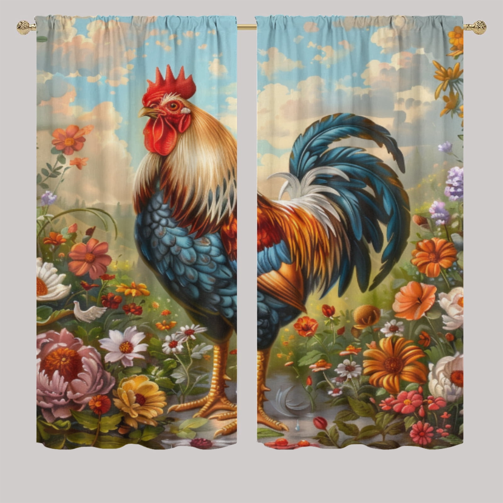 Cock Rooster Rod Pocket Blackout Curtains Farmhouse Animal Floral Rod ...