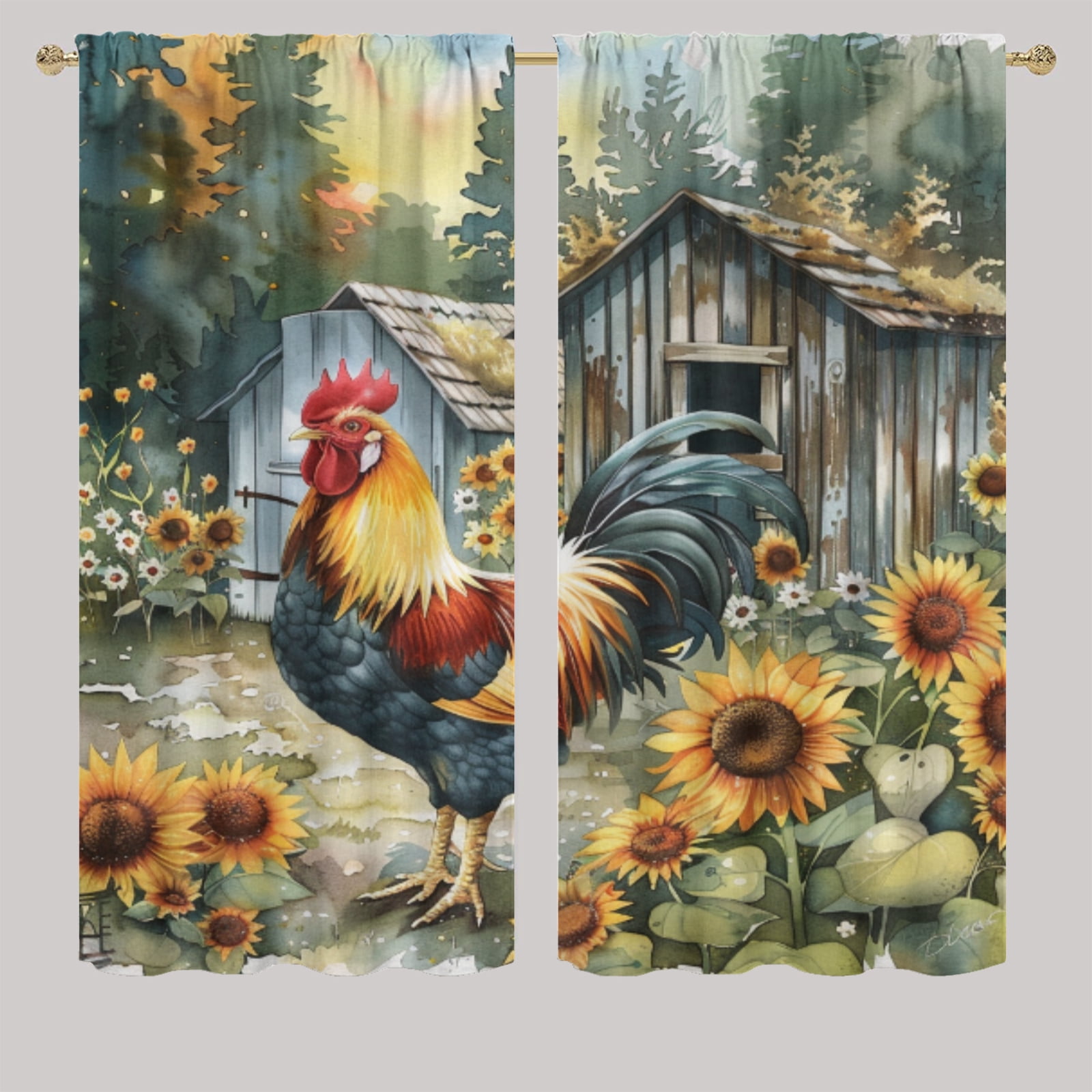 Cock Rooster Rod Pocket Blackout Curtains Farmhouse Animal Sunflowers ...