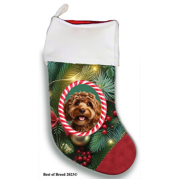 Cockapoo Chocolate - Best of Breed Christmas Stocking 13.5" Red Gaming Cloth with Red Lining ,Plush White Cuff