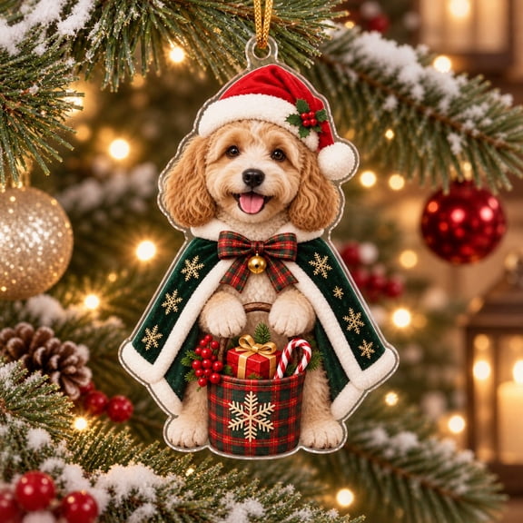 Cockapoo Christmas Tree Ornament, Acrylic Santa Hat Dog Hanging Decoration for Pet Lovers