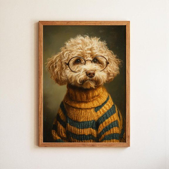 Cockapoo Class Portrait Print, Dapper Dog With Glasses Sweater, Whimsical Pet Wall Art , Poster Print Only