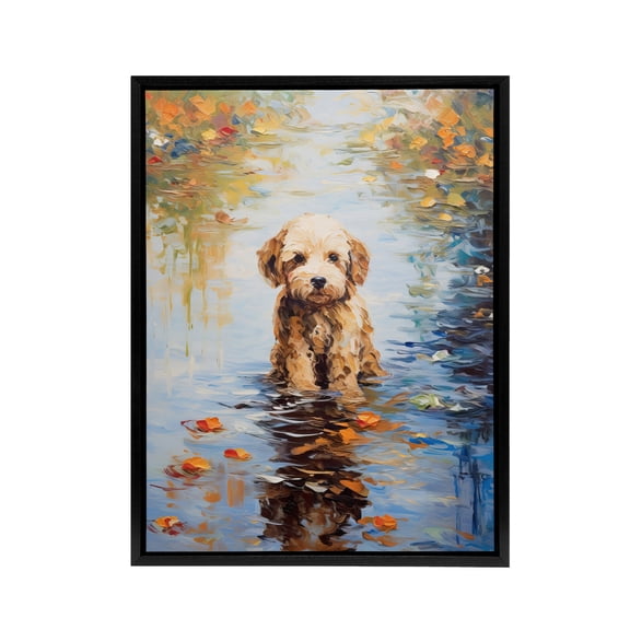 Cockapoo Dog And Autumn Leaves In Lake Black Framed Canvas Wall Art Print 24X32"