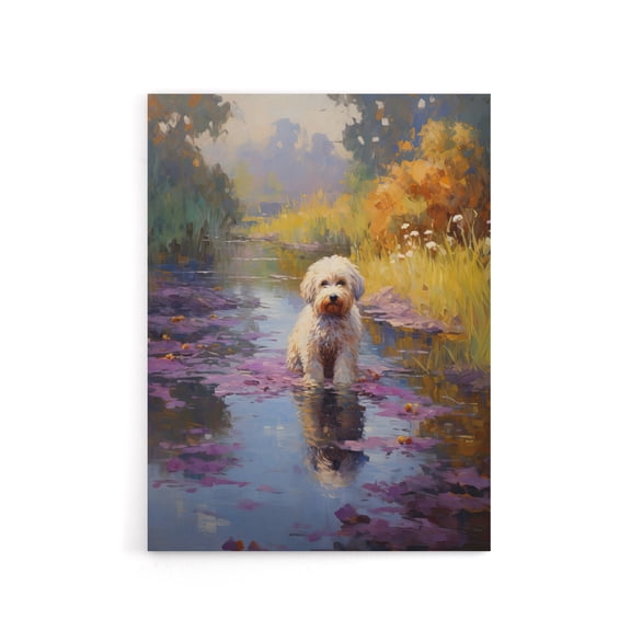 Cockapoo Dog And Water Irises Canvas Wall Art Print 24X32"