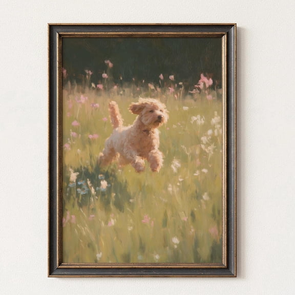 Cockapoo Dog Meadow Print, Cottagecore Wall Art, Countryside Painting Poster, Poster Only