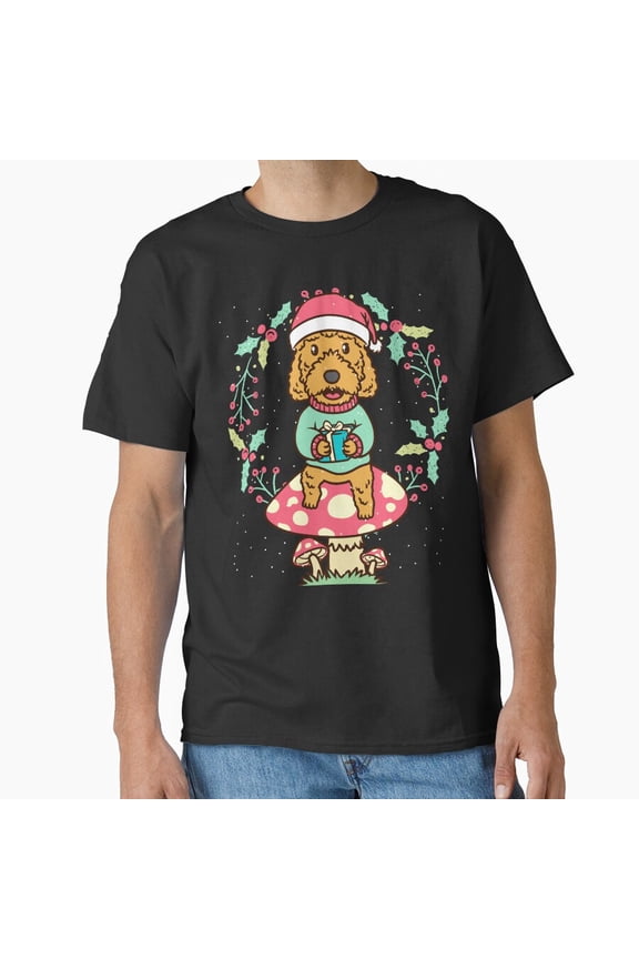 Cockapoo Dog On Mushroom Spoodle Christmas Wreath Funny Holiday Unisex T-shirt, for men & women, up to size 5XL