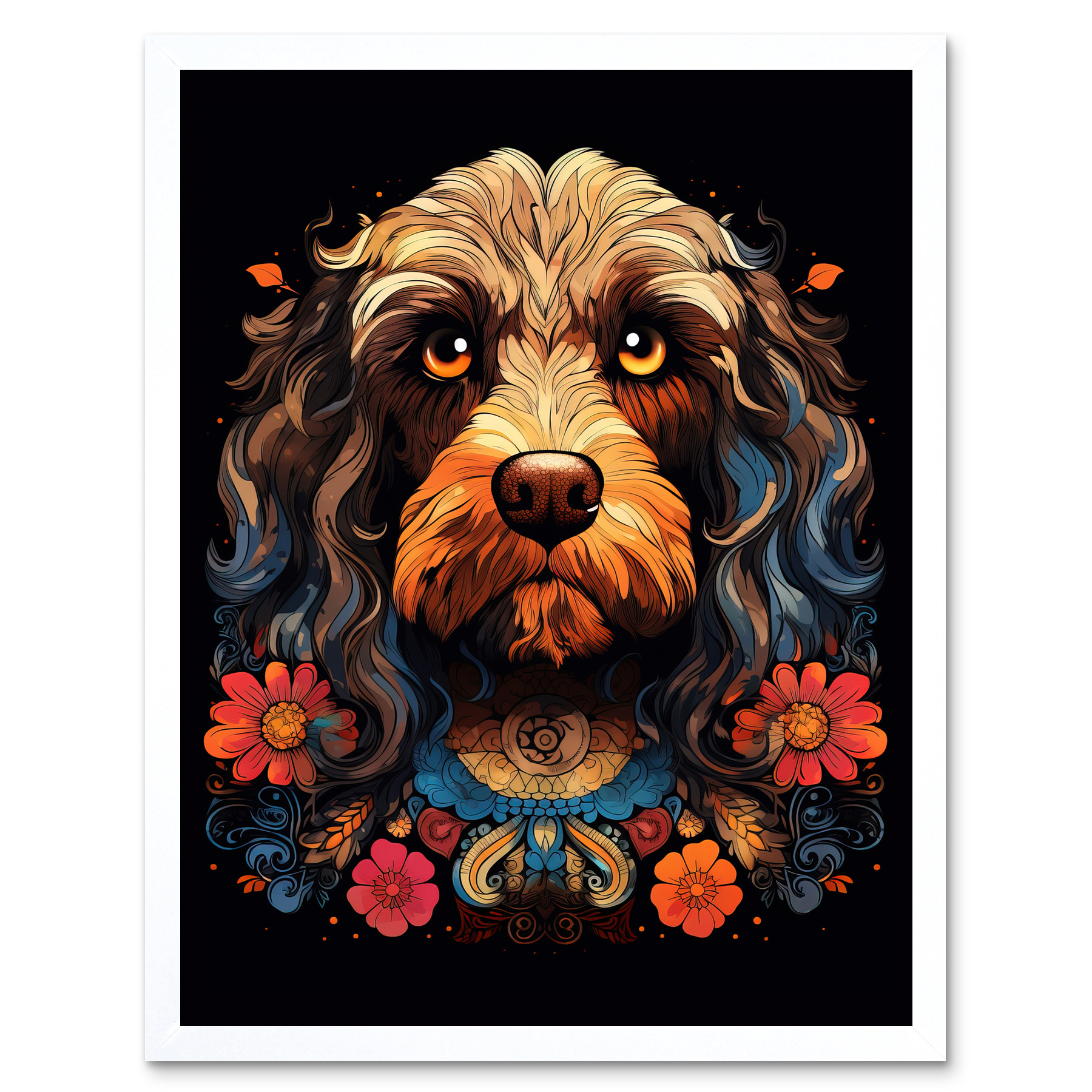 Cockapoo Dog with Ornate Collar and Flowers Symmetrical Floral Artwork ...