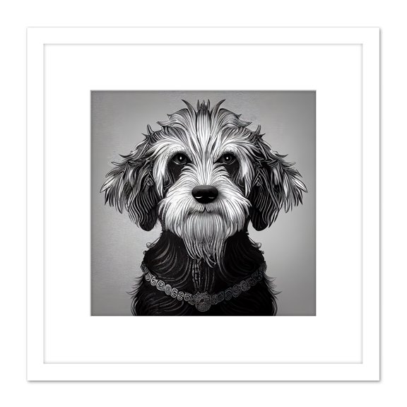 Cockapoo Dog Portrait Monochrome Tribal Illustration Square Wooden Framed Wall Art Print Picture 8X8 Inch