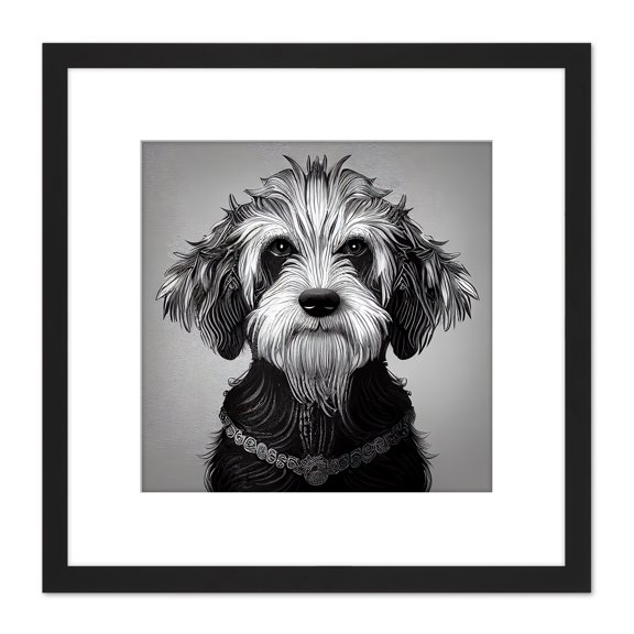 Cockapoo Dog Portrait Monochrome Tribal Illustration Square Wooden Framed Wall Art Print Picture 8X8 Inch