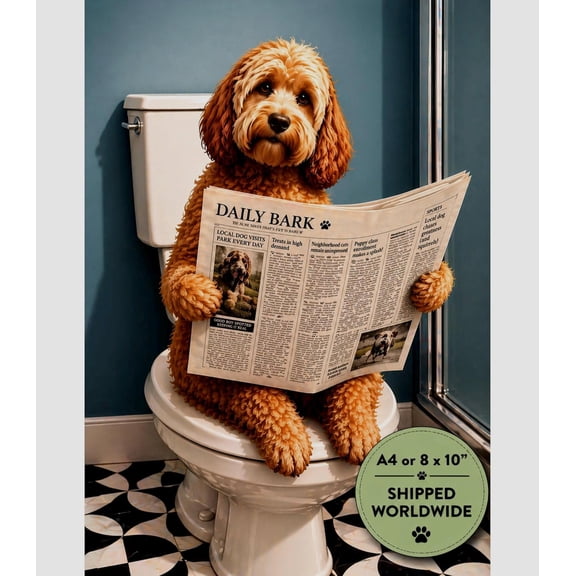 Cockapoo Dog Reading Newspaper Print, Bathroom Wall Art, Unframed Paper Poster 8x10in