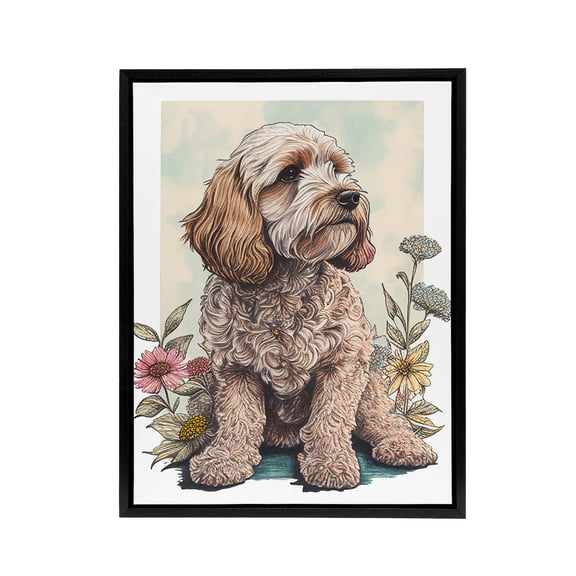 Cockapoo Dog With Spring Wildflowers Black Framed Canvas Wall Art Print 24X32"