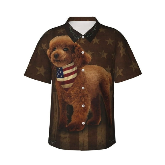 Cockapoo Dog With Vintage American Flag Men's 3d Print Casual Button Down Shirts, Novelty Hawaiian Short Sleeves 3xl