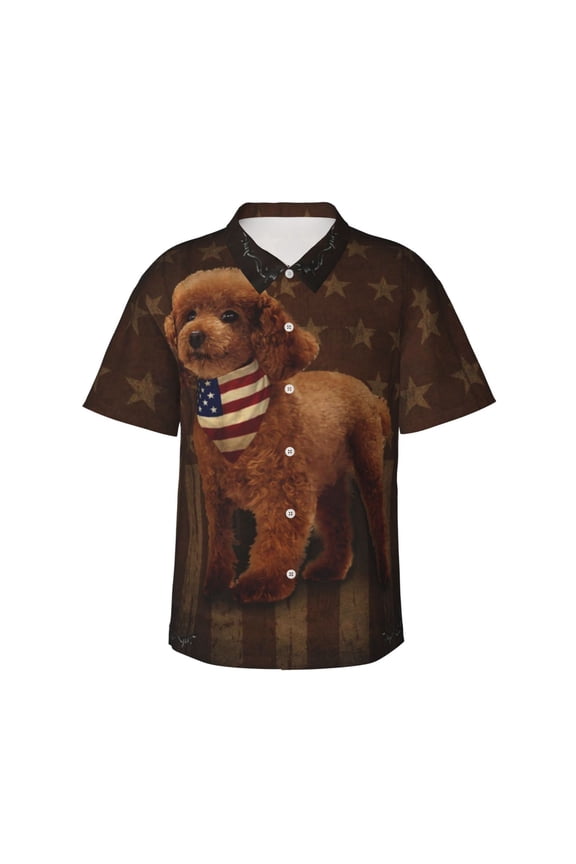 Cockapoo Dog With Vintage American Flag Men's 3d Print Casual Button Down Shirts, Novelty Hawaiian Short Sleeves 3xl