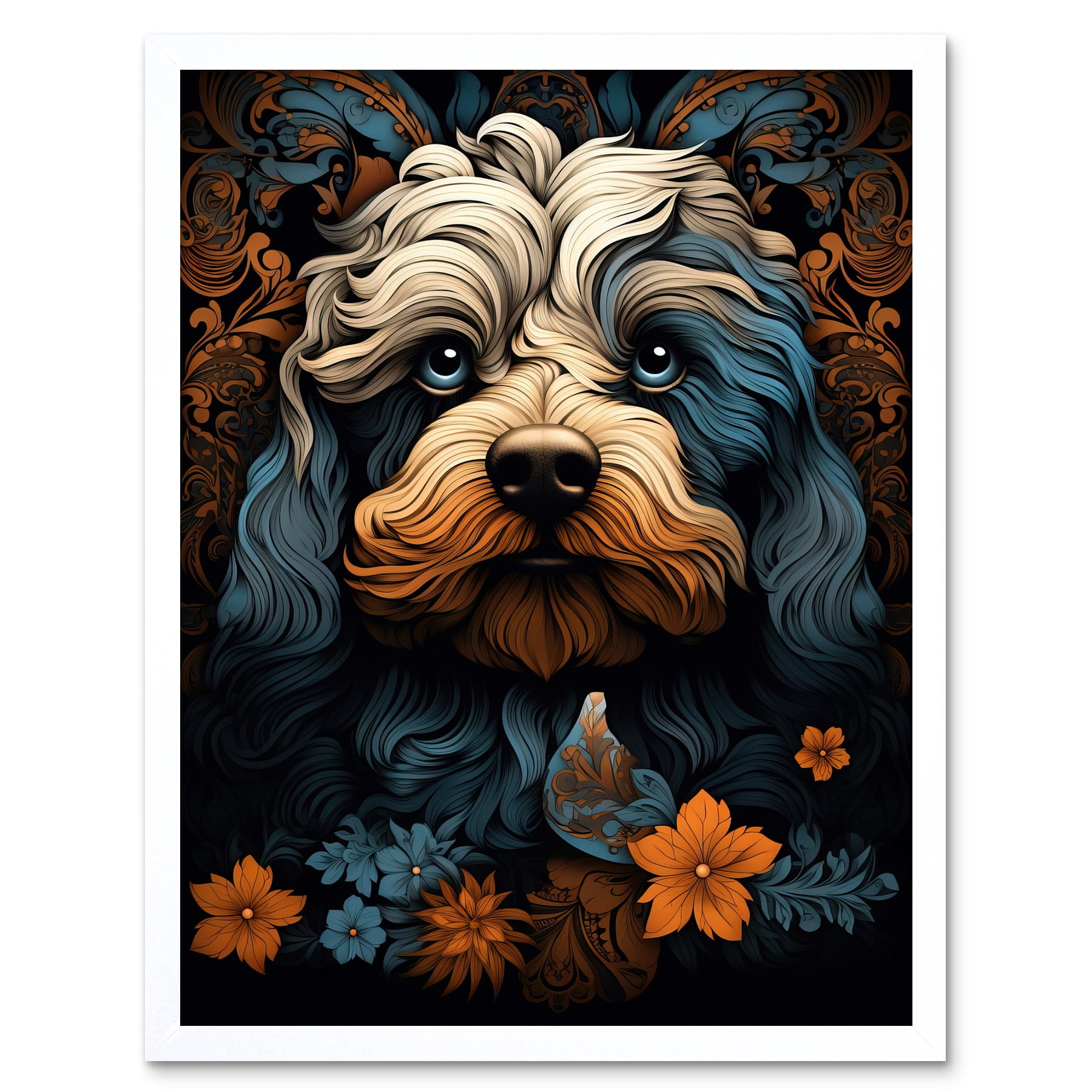 Cockapoo Dog with Flower Patterns Art Nouveau Artwork Orange Blue ...
