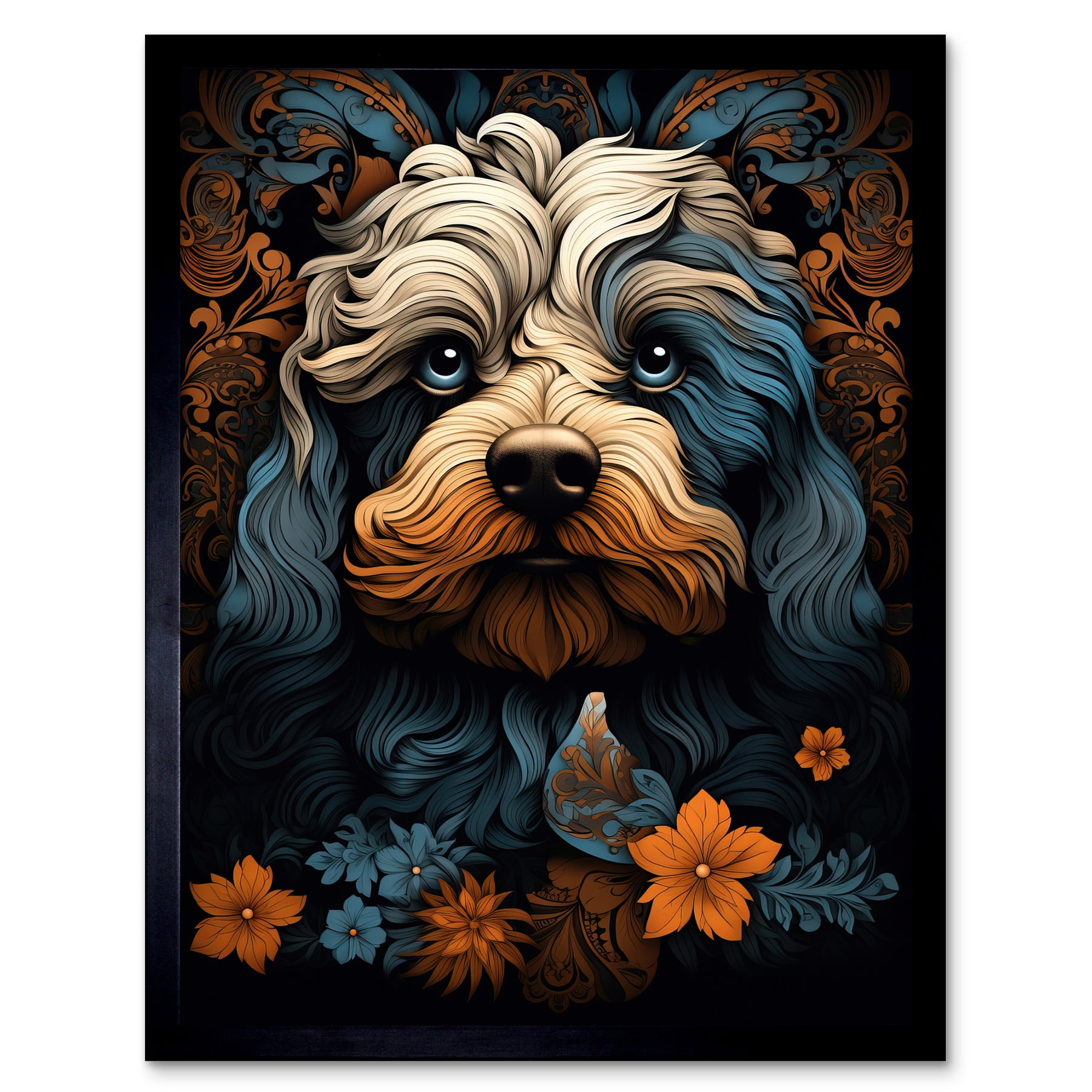 Cockapoo Dog with Flower Patterns Art Nouveau Artwork Orange Blue ...