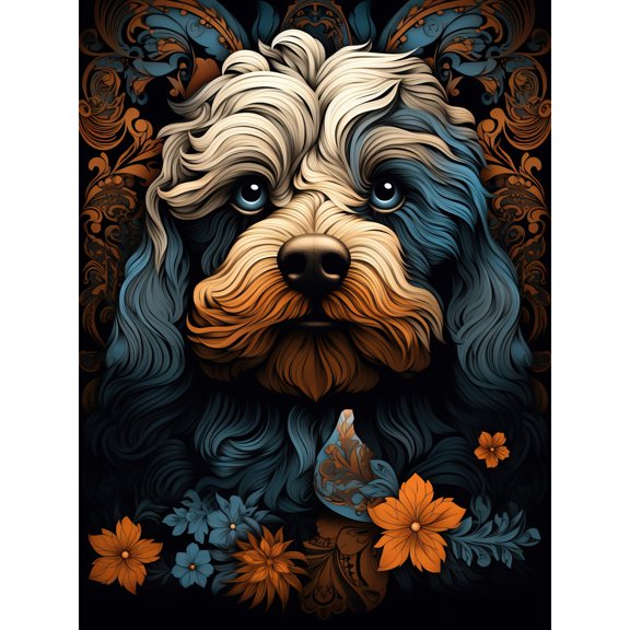 Cockapoo Dog with Flower Patterns Art Nouveau Artwork Orange Blue Floral Portrait Design Extra Large XL Wall Art Poster Print