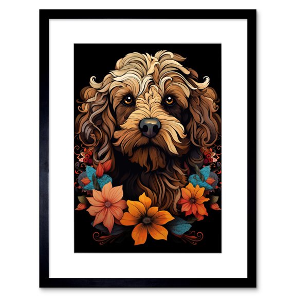 Cockapoo Dog with Flowers Artwork Orange Brown Blue Floral Art Nouveau Portrait on Black Artwork Framed Wall Art Print 9X7 Inch