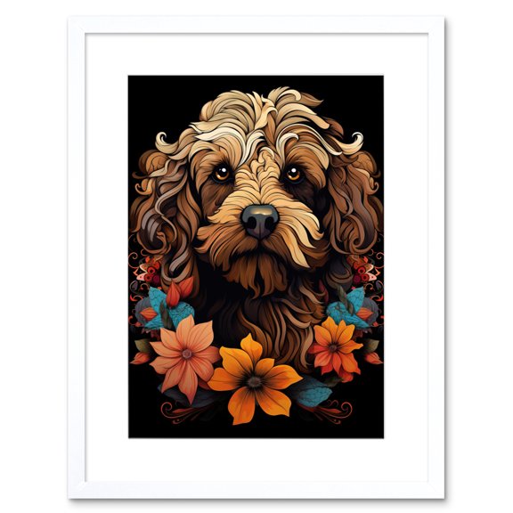 Cockapoo Dog with Flowers Artwork Orange Brown Blue Floral Art Nouveau Portrait on Black Artwork Framed Wall Art Print 9X7 Inch