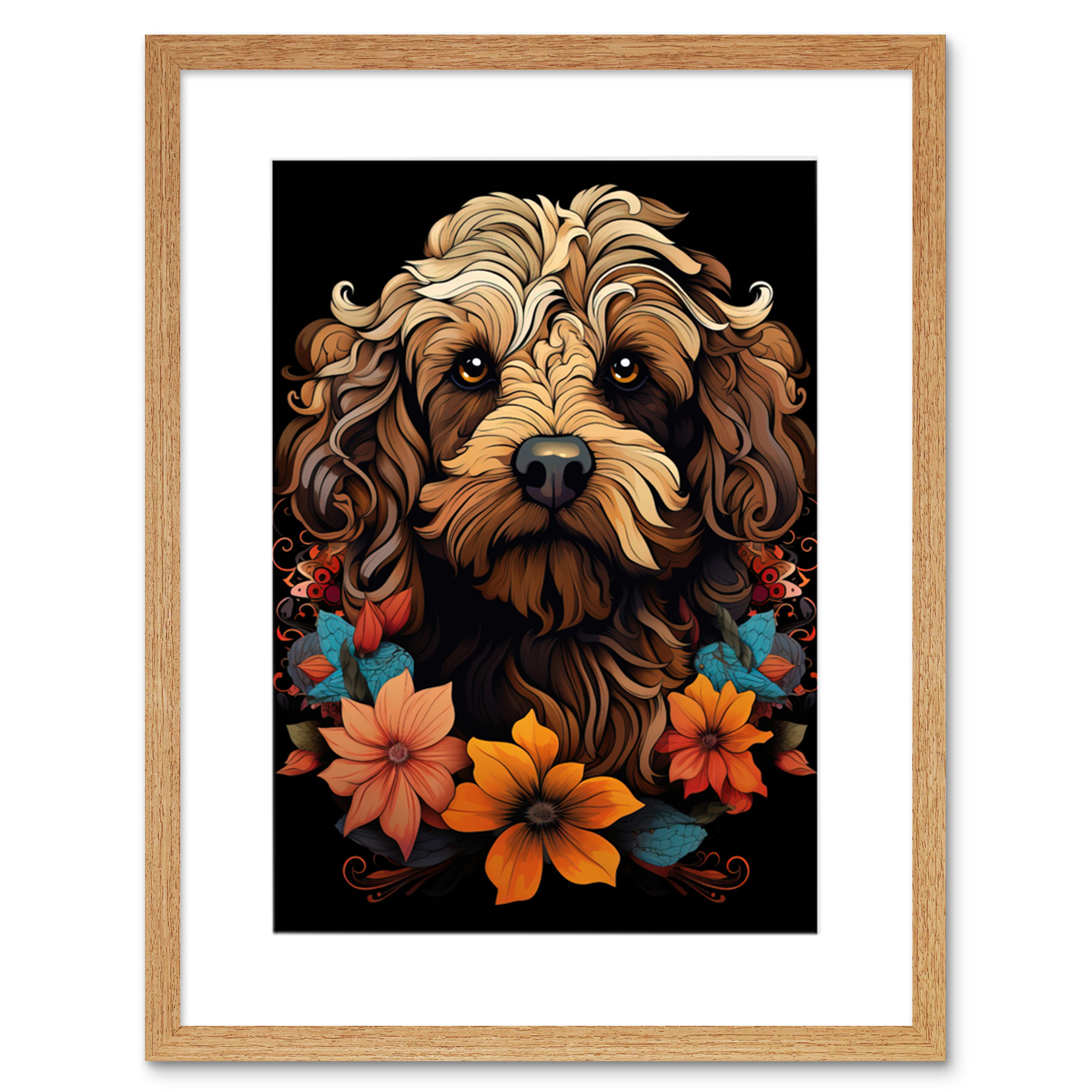 Cockapoo Dog with Flowers Artwork Orange Brown Blue Floral Art Nouveau ...