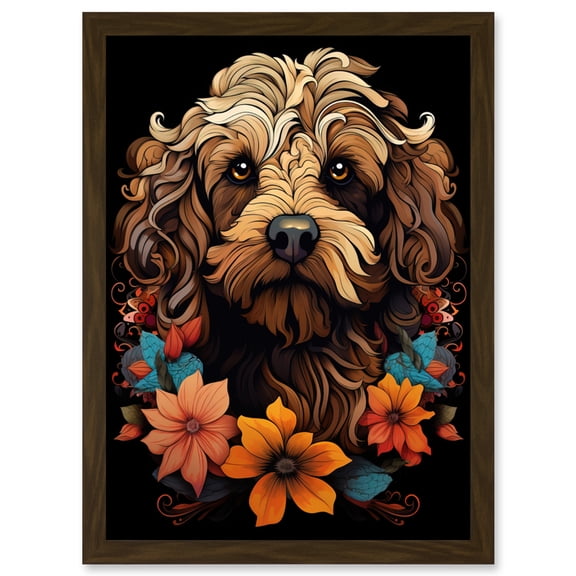 Cockapoo Dog with Flowers Artwork Orange Brown Blue Floral Art Nouveau Portrait on Black Artwork Framed Wall Art Print A4