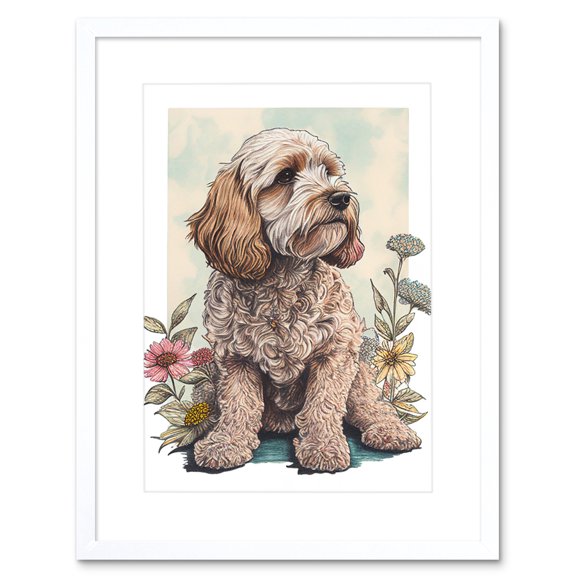 Cockapoo Dog with Spring Wildflowers Soft Watercolour Illustration Artwork Framed Wall Art Print 9X7 Inch