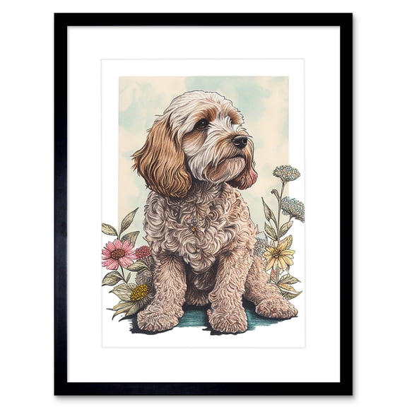 Cockapoo Dog with Spring Wildflowers Soft Watercolour Illustration Artwork Framed Wall Art Print 9X7 Inch